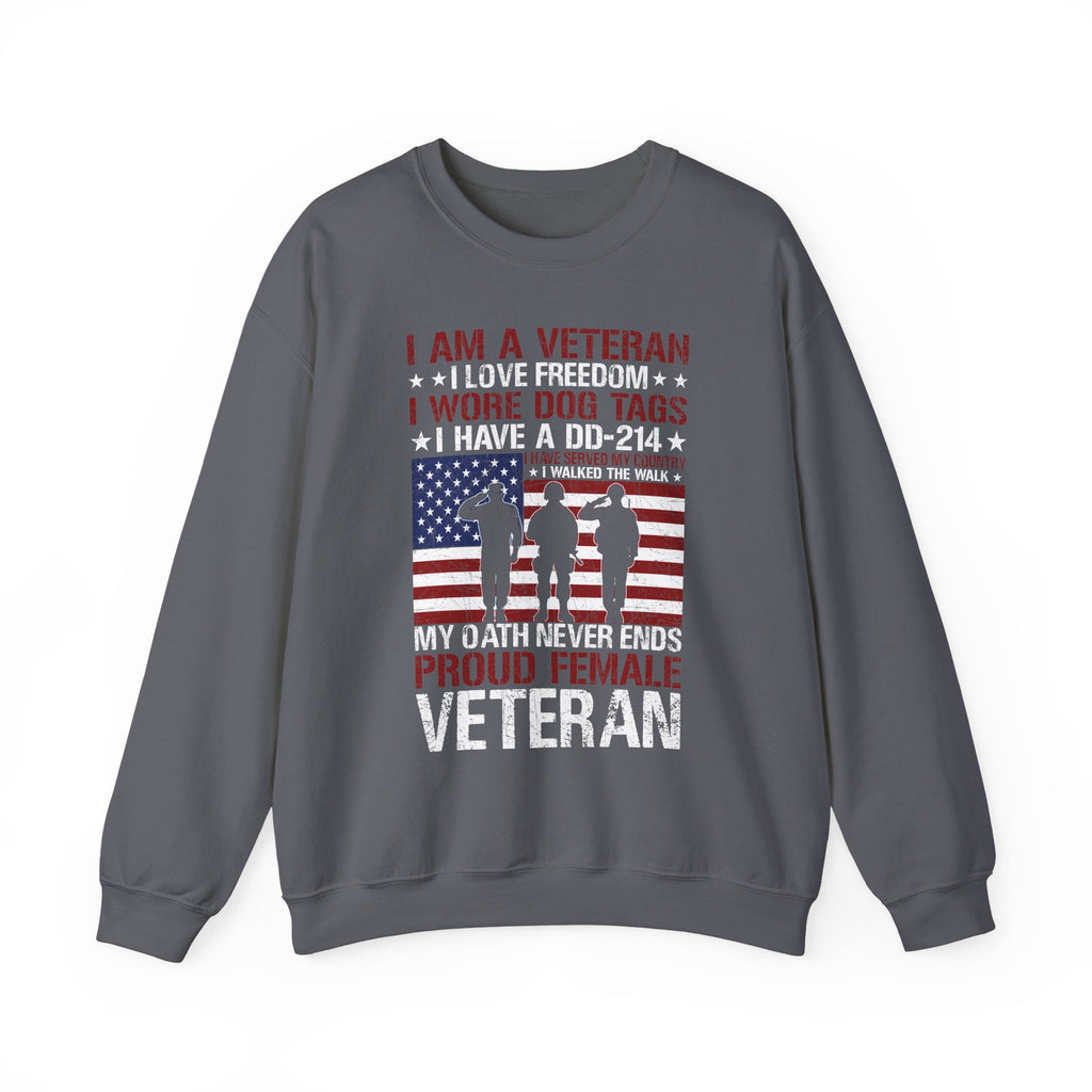 Charcoal Proud Female Veteran My Oath Never Ends sweatshirt with saluting soldiers and flag print, front view