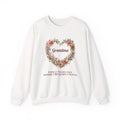 White Personalized Grandma Sweatshirt With Grandkids Names, a wildflower heart with Grandma and the grandkids' names, front view