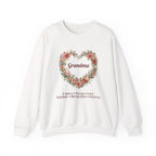 White Personalized Grandma Sweatshirt With Grandkids Names, a wildflower heart with Grandma and the grandkids' names, front view