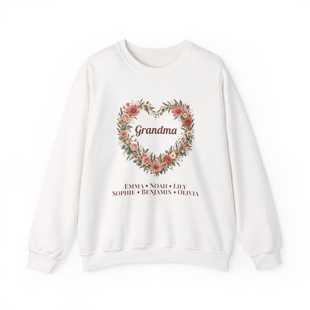 White Personalized Grandma Sweatshirt With Grandkids Names, a wildflower heart with Grandma and the grandkids' names, front view