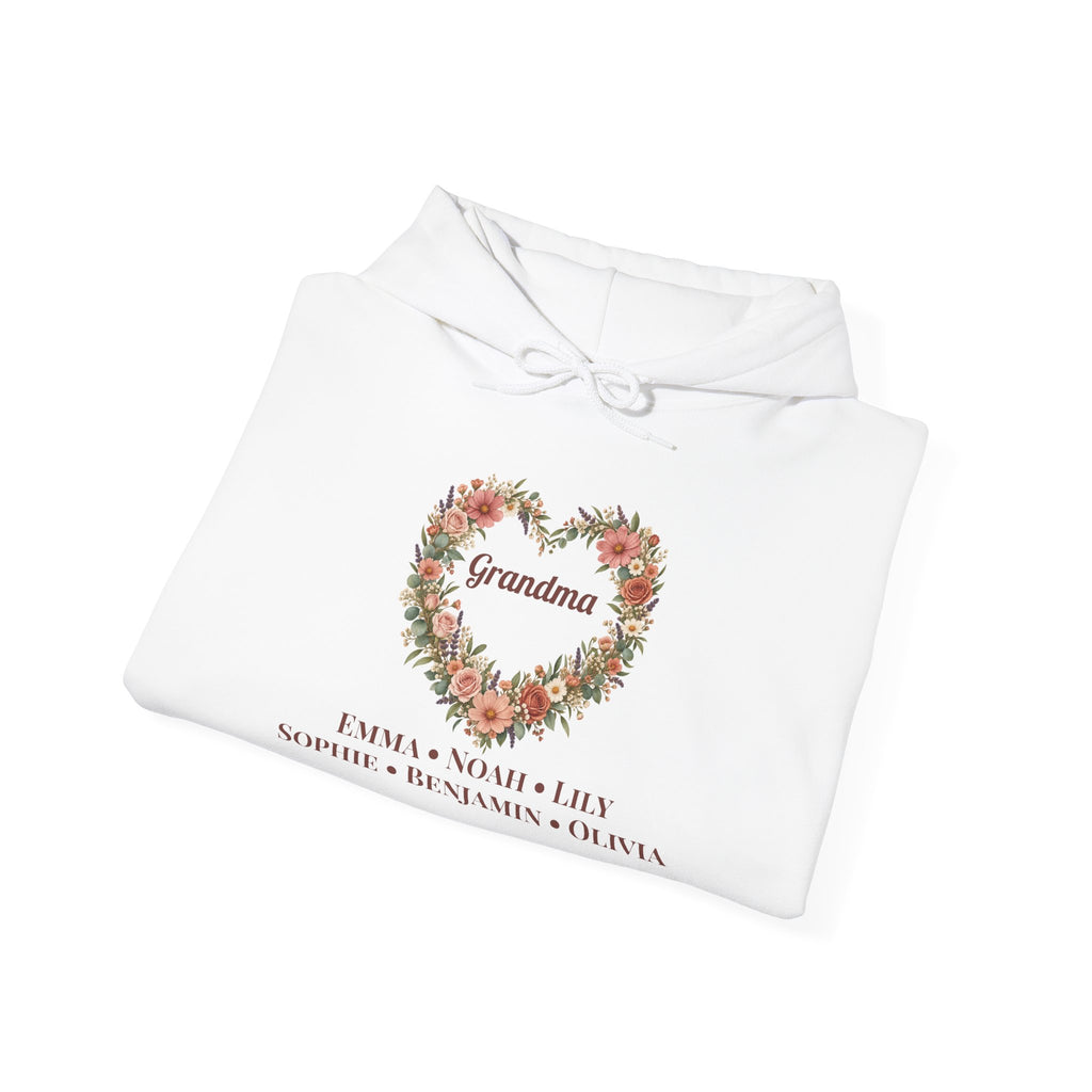 White Personalized Grandma Hoodie With Grandkids Names, folded