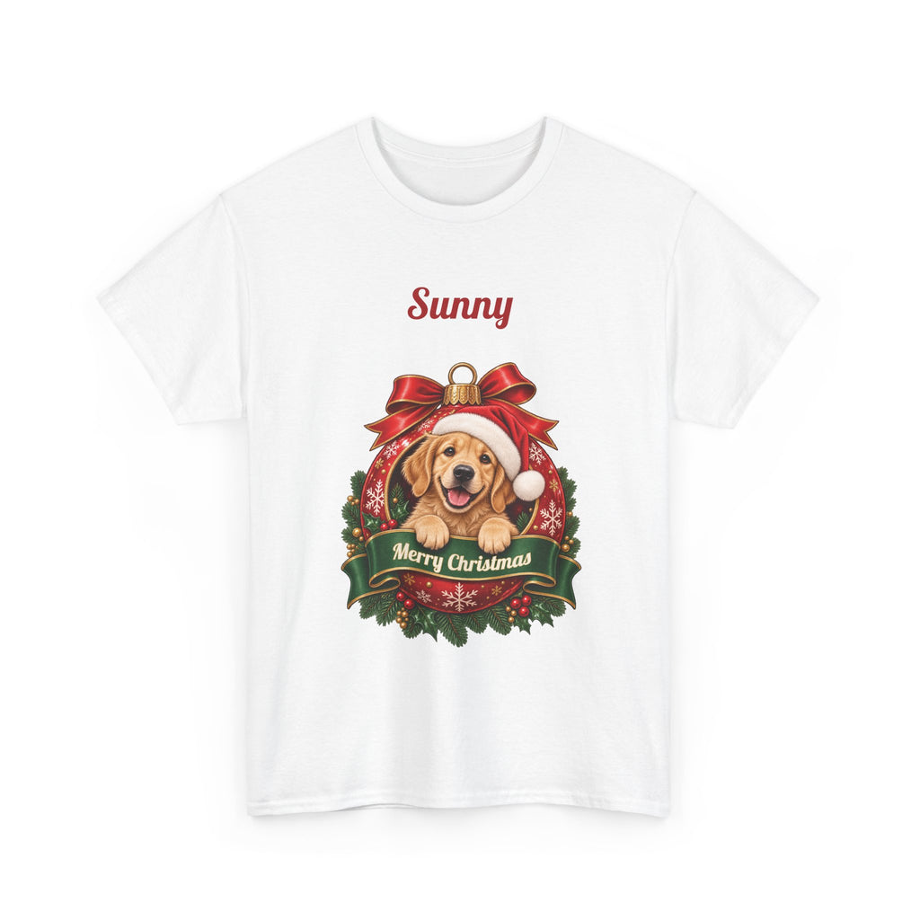 White Personalized Golden Retriever Christmas T-Shirt with a golden retriever in a Christmas ornament and a custom name, front view