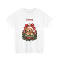 White Personalized Golden Retriever Christmas T-Shirt with a golden retriever in a Christmas ornament and a custom name, front view