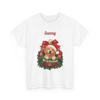 White Personalized Golden Retriever Christmas T-Shirt with a golden retriever in a Christmas ornament and a custom name, front view