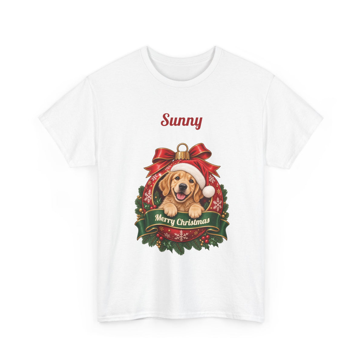 White Personalized Golden Retriever Christmas T-Shirt with a golden retriever in a Christmas ornament and a custom name, front view