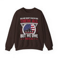 Dark Chocolate We Don't Know Them All But We Owe Them All sweatshirt with soldier silhouette and American flag print, front view