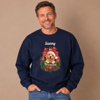 Man wearing the Navy Personalized Golden Retriever Christmas Sweatshirt with jeans
