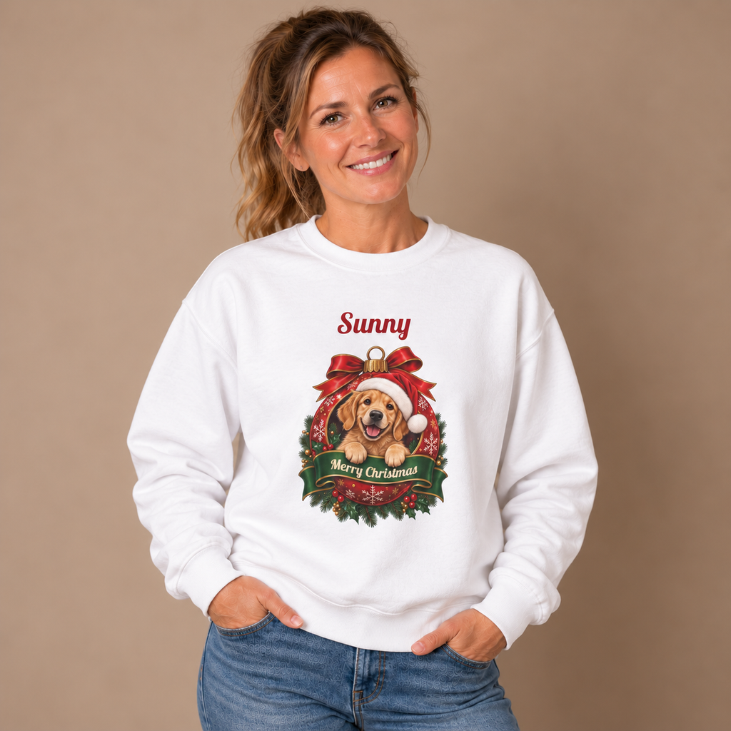 Woman wearing the White Personalized Golden Retriever Christmas Sweatshirt with jeans