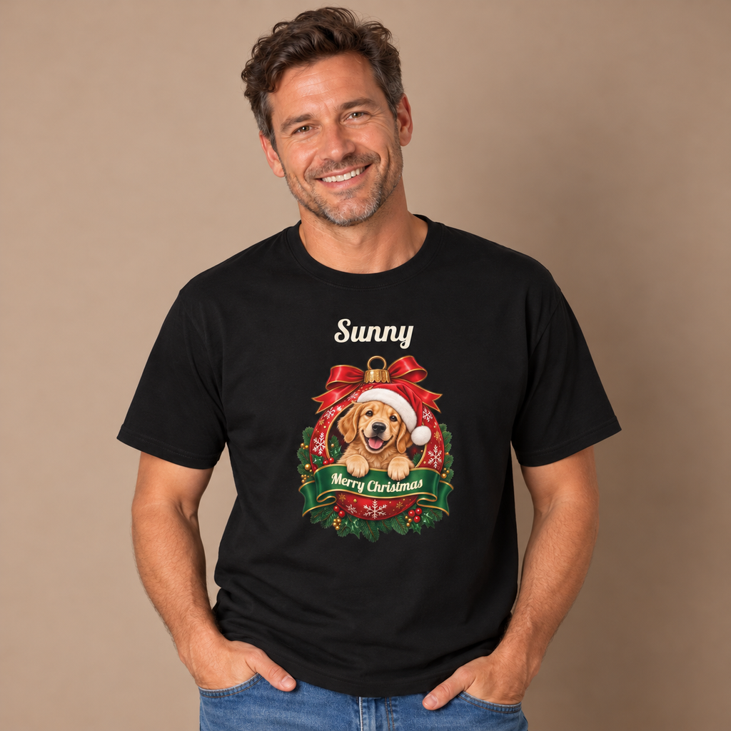 Man wearing the Black Personalized Golden Retriever Christmas T-Shirt with jeans