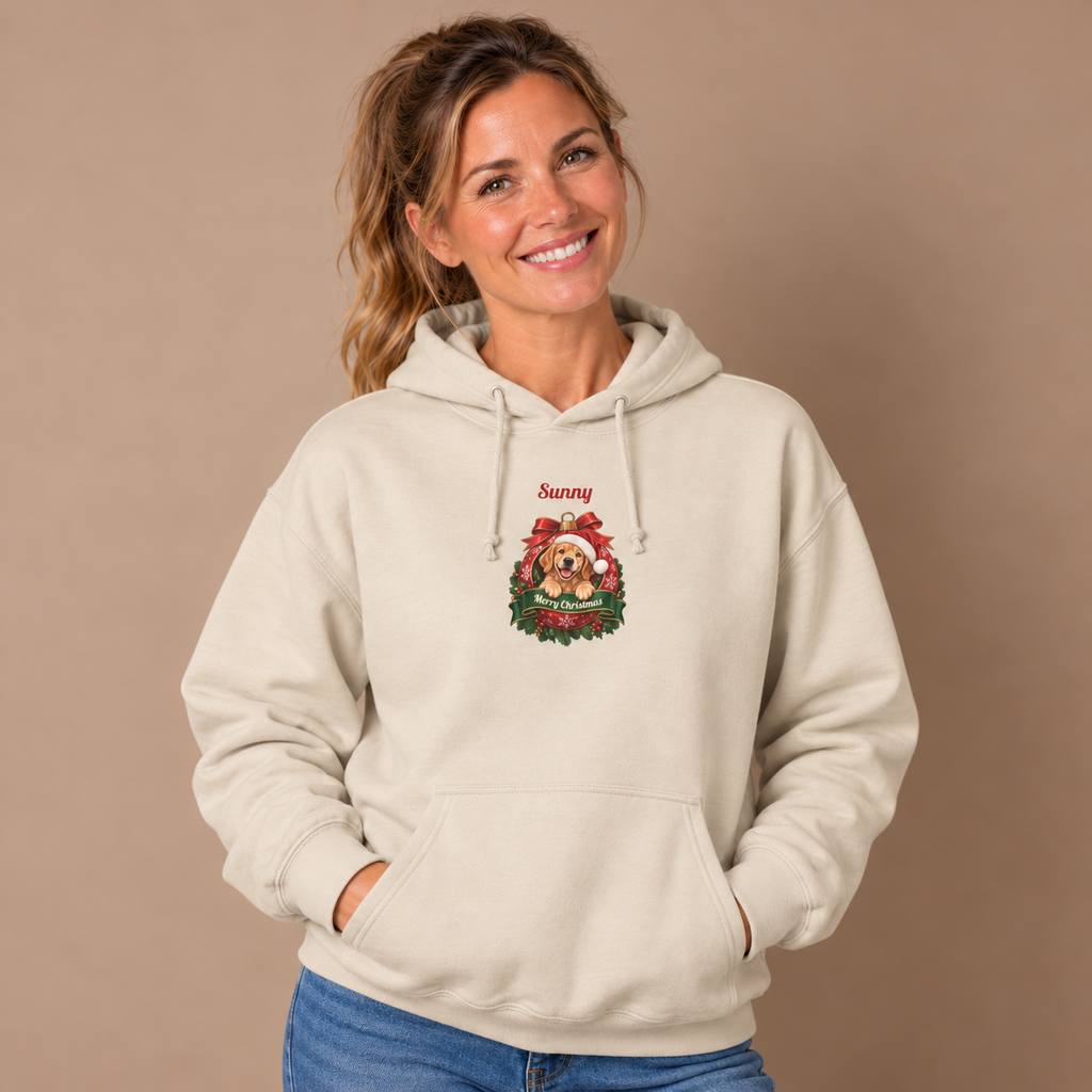 Woman wearing the Sand Personalized Golden Retriever Christmas Hoodie with jeans