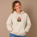Woman wearing the Sand Personalized Golden Retriever Christmas Hoodie with jeans