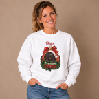 Woman wearing the White Personalized Black Great Dane Christmas Sweatshirt with jeans
