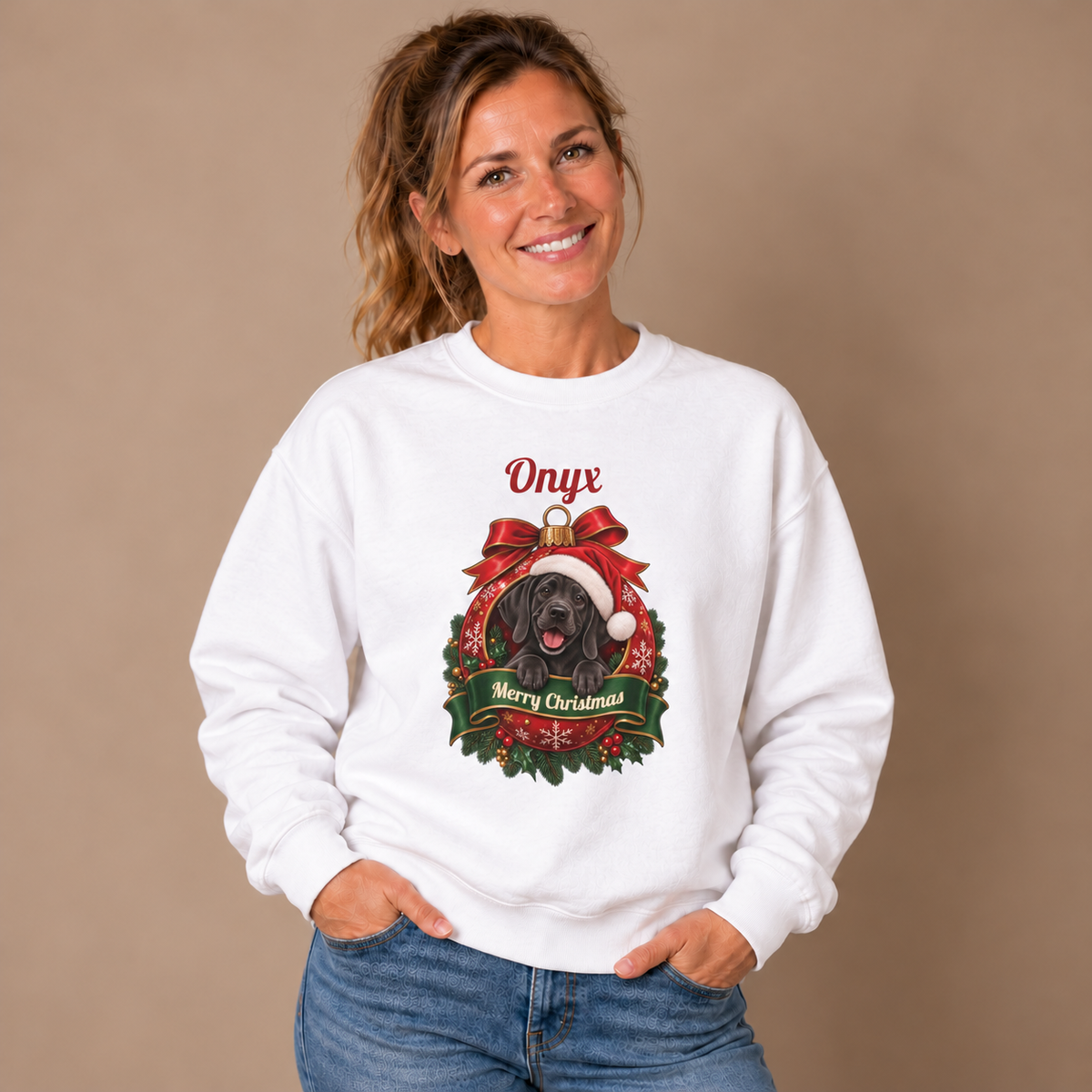 Woman wearing the White Personalized Black Great Dane Christmas Sweatshirt with jeans