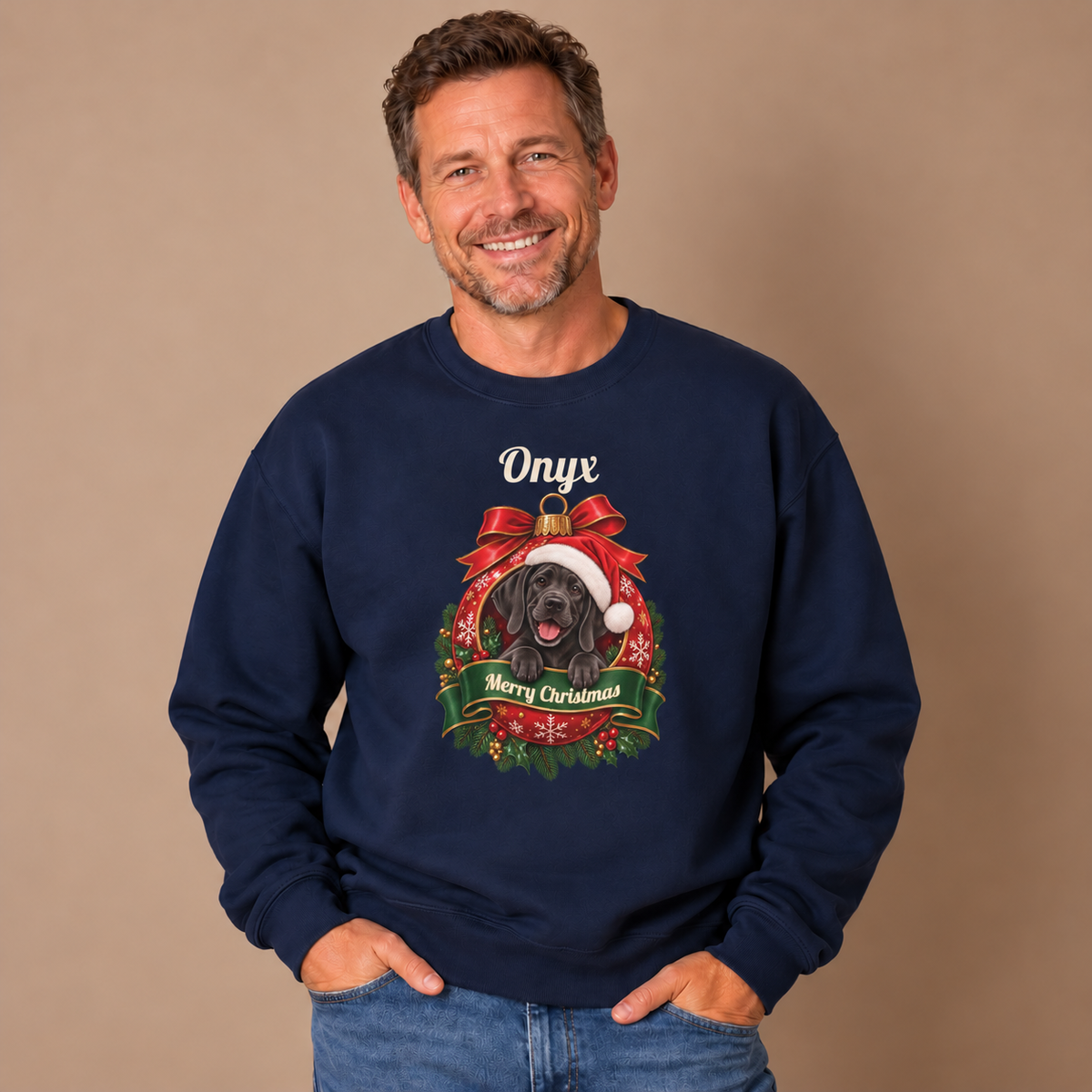 Man wearing the Navy Personalized Black Great Dane Christmas Sweatshirt with jeans