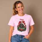 Woman wearing the Light Pink Personalized Black Great Dane Christmas T-Shirt with jeans