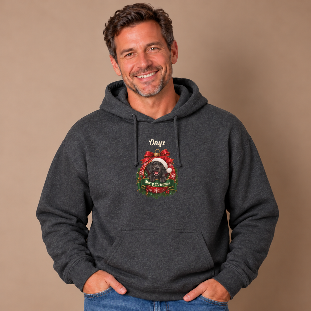 Man wearing the Dark Heather Personalized Black Great Dane Christmas Hoodie with jeans