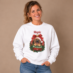 Woman wearing the White Personalized Fawn Great Dane Christmas Sweatshirt with jeans