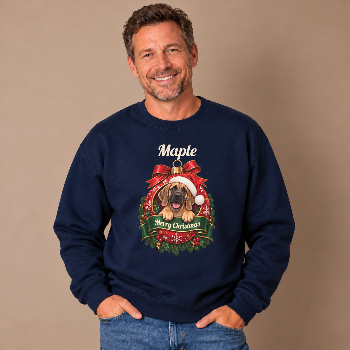 Man wearing the Navy Personalized Fawn Great Dane Christmas Sweatshirt with jeans