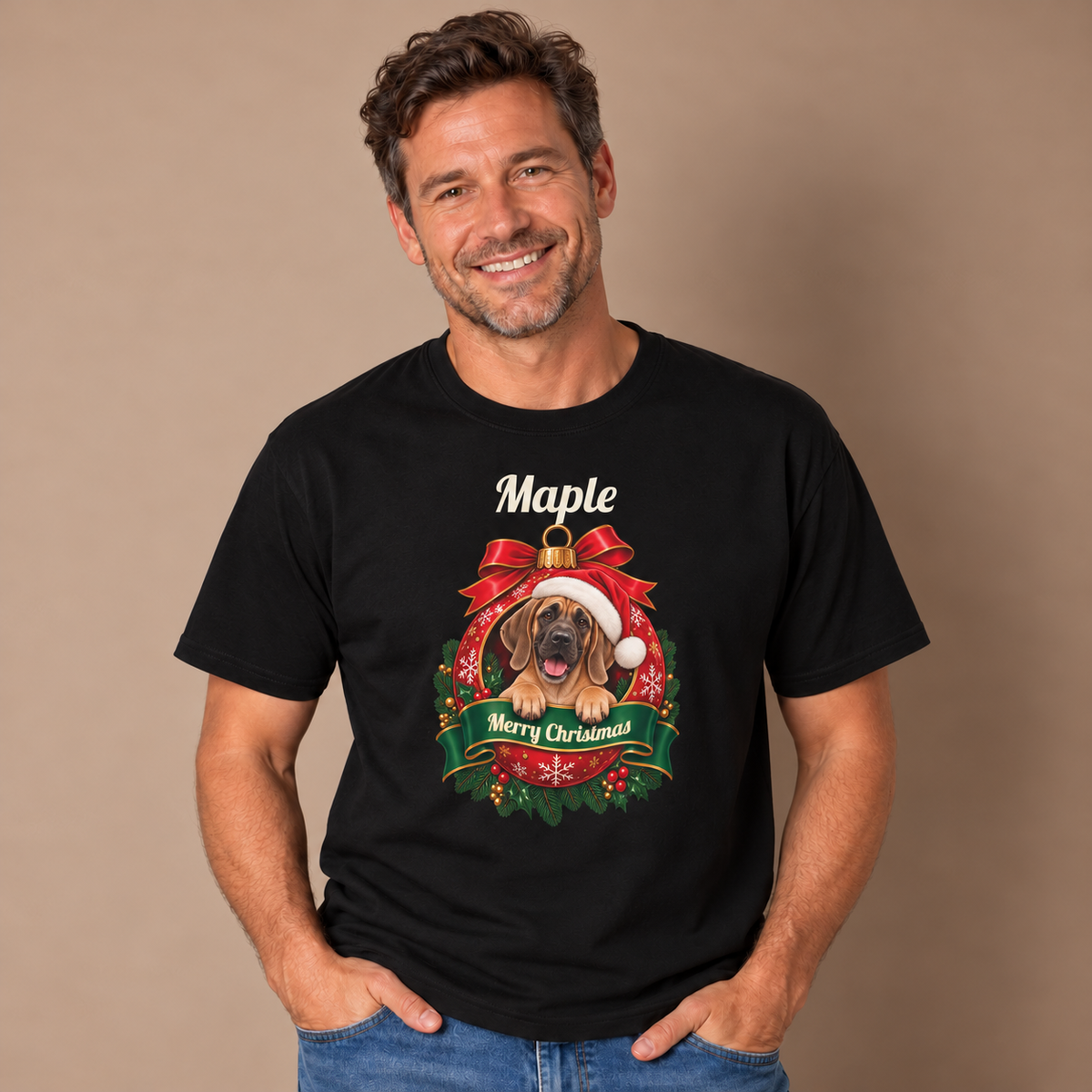 Man wearing the Black Personalized Fawn Great Dane Christmas T-Shirt with jeans