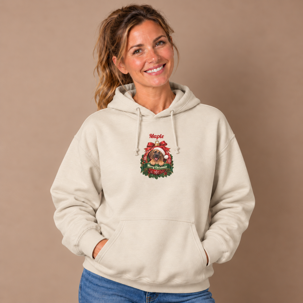 Woman wearing the Sand Personalized Fawn Great Dane Christmas Hoodie with jeans