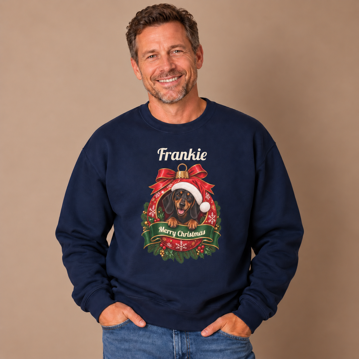 Man wearing the Navy Personalized Dachshund Christmas Sweatshirt with jeans