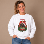 Woman wearing the White Personalized Dachshund Christmas Sweatshirt with jeans