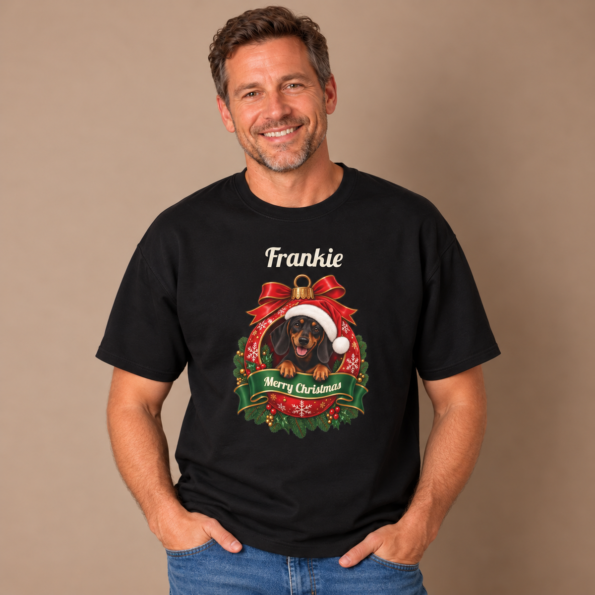 Man wearing the Black Personalized Dachshund Christmas T-Shirt with jeans