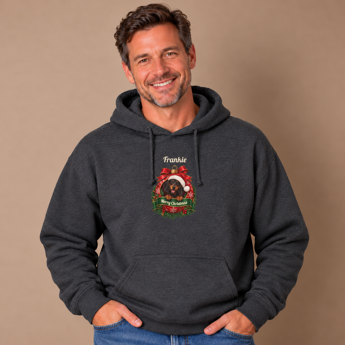 Man wearing the Dark Heather Personalized Dachshund Christmas Hoodie with jeans