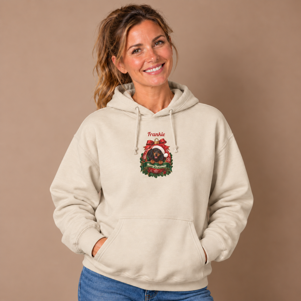 Woman wearing the Sand Personalized Dachshund Christmas Hoodie with jeans