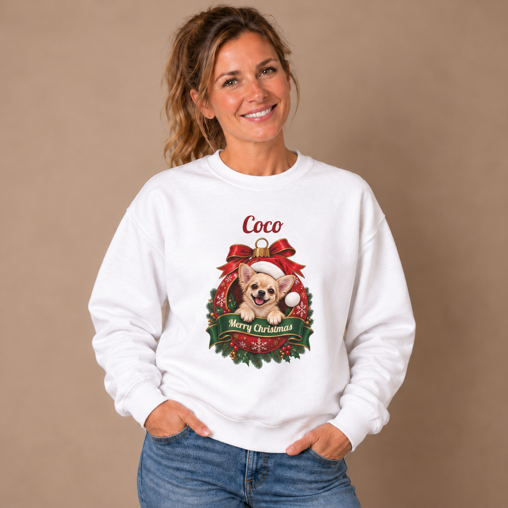 Woman wearing the White Personalized Chihuahua Christmas Sweatshirt with jeans