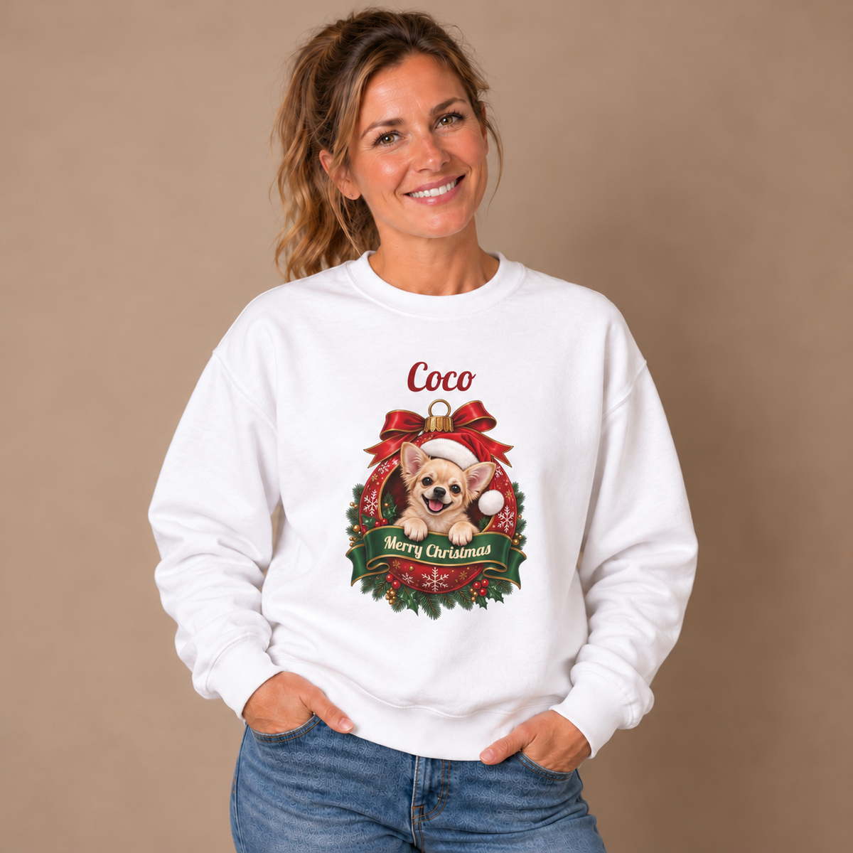 Woman wearing the White Personalized Chihuahua Christmas Sweatshirt with jeans