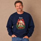 Man wearing the Navy Personalized Chihuahua Christmas Sweatshirt with jeans