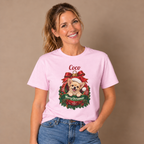 Woman wearing the Light Pink Personalized Chihuahua Christmas T-Shirt with jeans