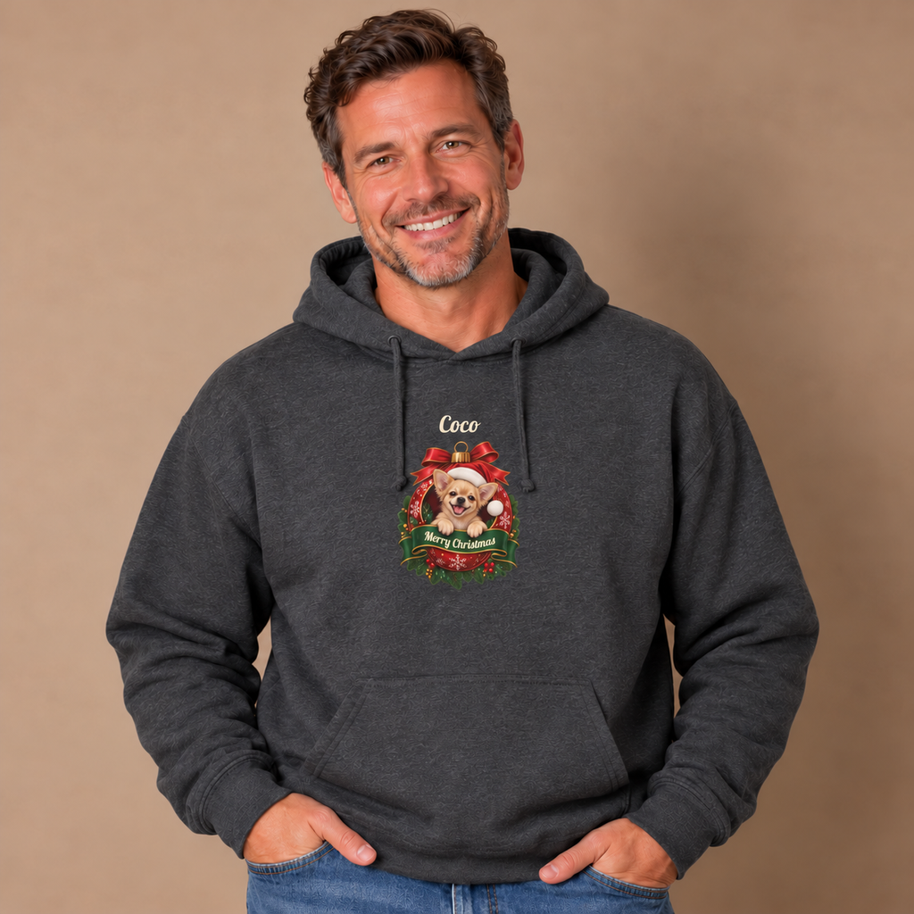 Man wearing the Dark Heather Personalized Chihuahua Christmas Hoodie with jeans