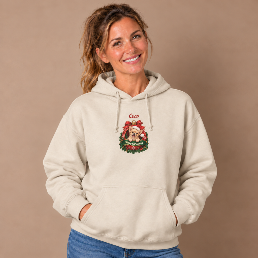 Woman wearing the Sand Personalized Chihuahua Christmas Hoodie with jeans