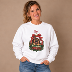 Woman wearing the White Personalized German Shepherd Christmas Sweatshirt with jeans