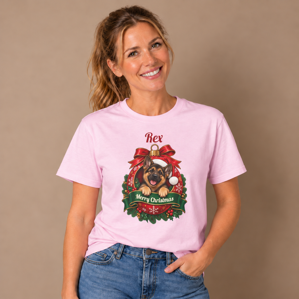 Woman wearing the Light Pink Personalized German Shepherd Christmas T-Shirt with jeans