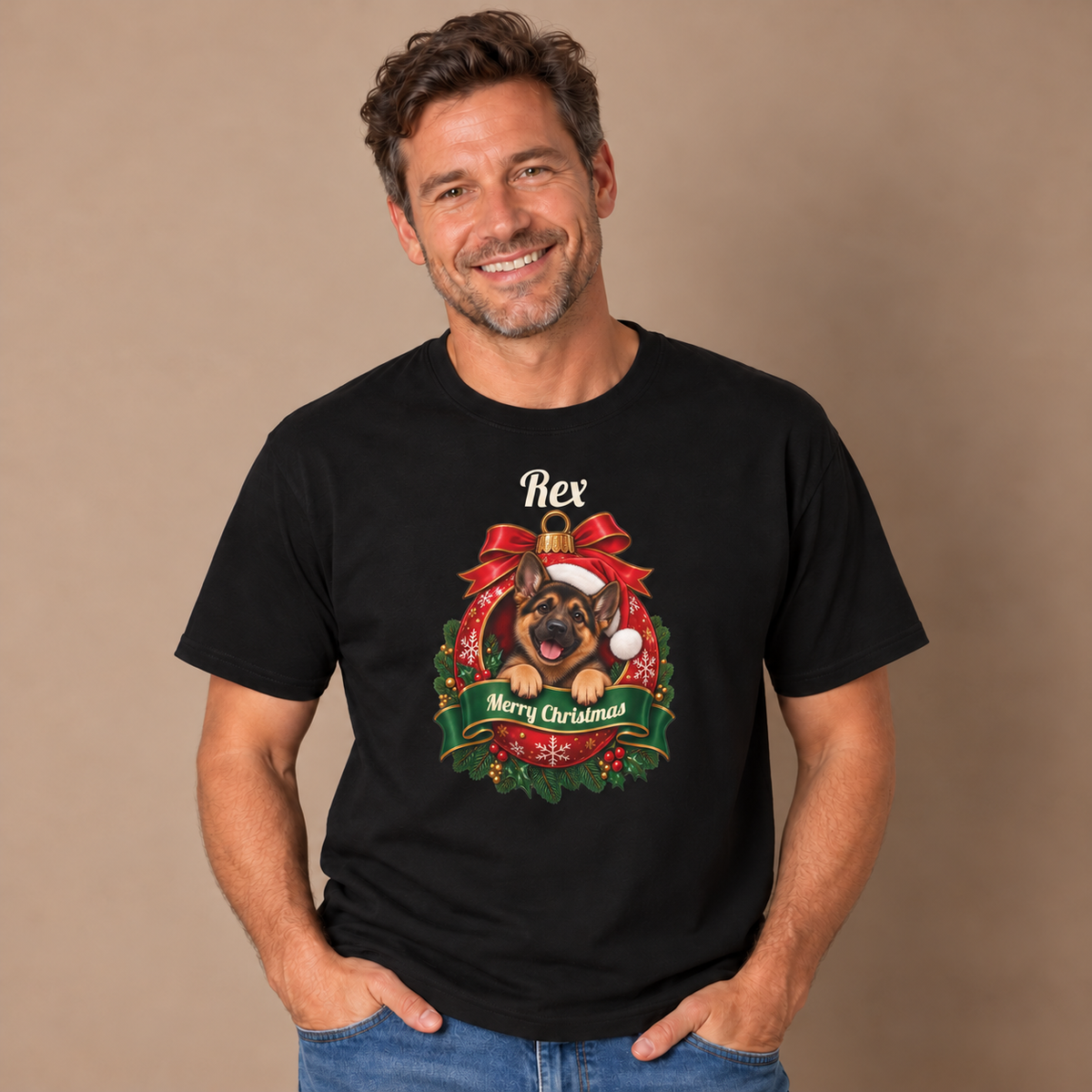 Man wearing the Black Personalized German Shepherd Christmas T-Shirt with jeans