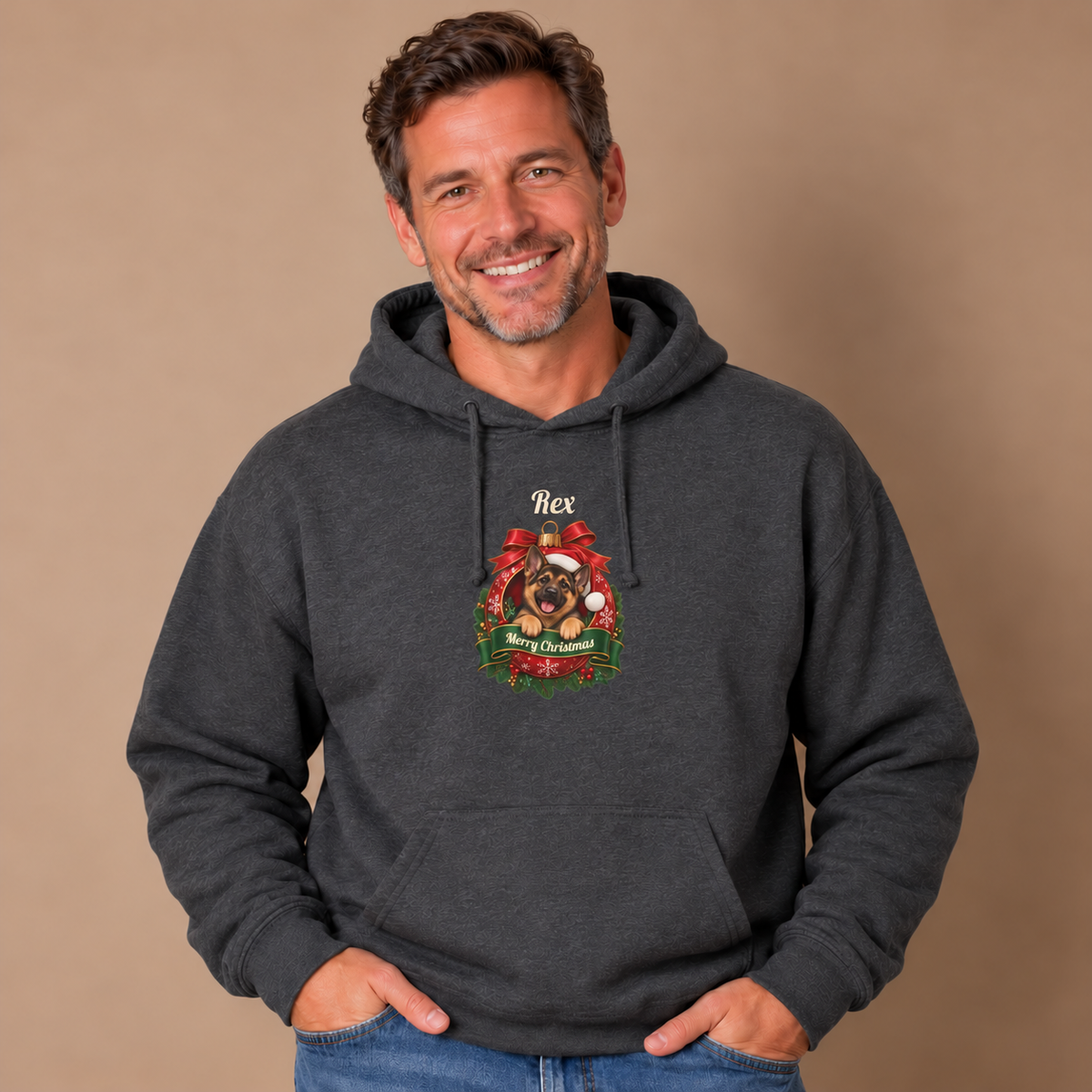 Man wearing the Dark Heather Personalized German Shepherd Christmas Hoodie with jeans