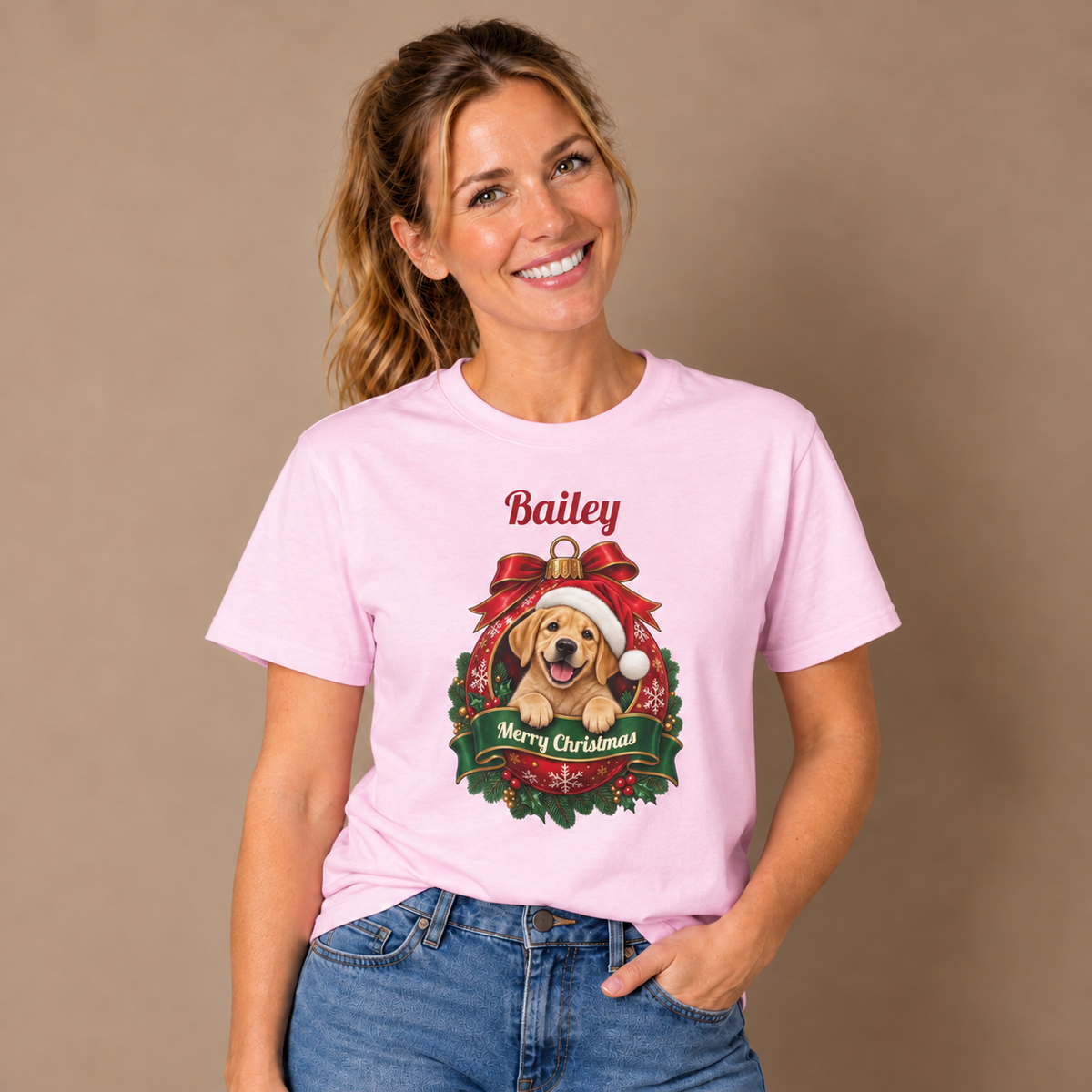 Woman wearing the Light Pink Personalized Labrador Christmas T-Shirt with jeans
