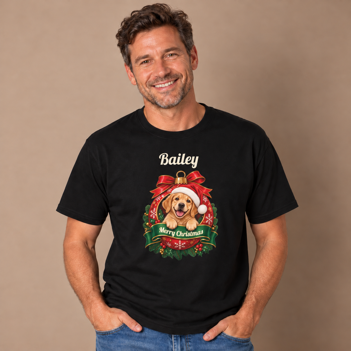 Man wearing the Black Personalized Labrador Christmas T-Shirt with jeans