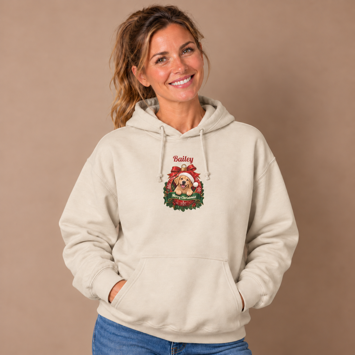 Woman wearing the Sand Personalized Labrador Christmas Hoodie with jeans