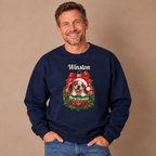 Man wearing the Navy Personalized English Bulldog Christmas Sweatshirt with jeans