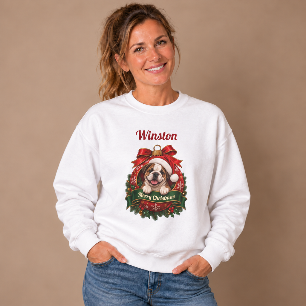 Woman wearing the White Personalized English Bulldog Christmas Sweatshirt with jeans