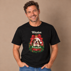 Man wearing the Black Personalized English Bulldog Christmas T-Shirt with jeans