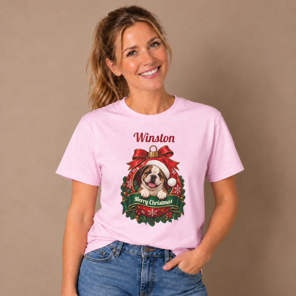 Woman wearing the Light Pink Personalized English Bulldog Christmas T-Shirt with jeans
