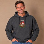 Man wearing the Dark Heather Personalized English Bulldog Christmas Hoodie with jeans