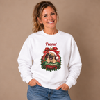 Woman wearing the White Personalized Pug Christmas Sweatshirt with jeans