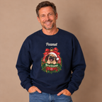Man wearing the Navy Personalized Pug Christmas Sweatshirt with jeans