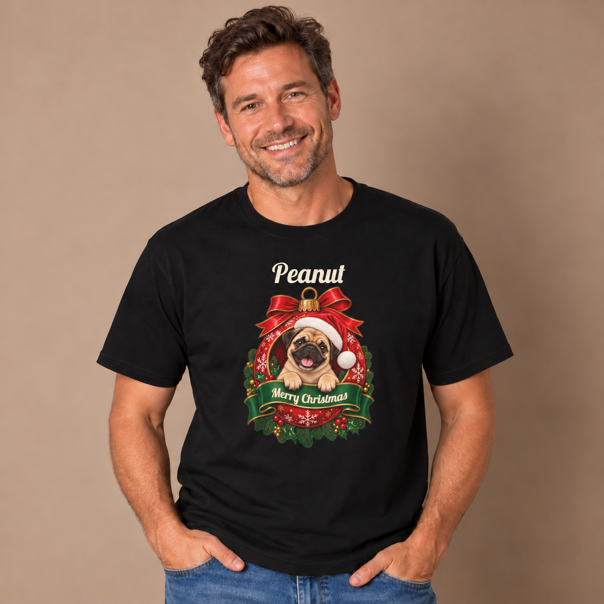 Man wearing the Black Personalized Pug Christmas T-Shirt with jeans